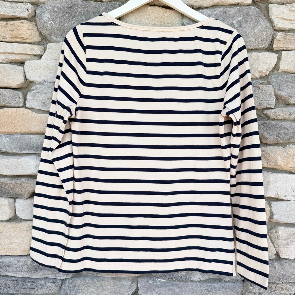 Boden Button Shoulder Breton Top Long Sleeve Navy Ivory Striped NWOT Size 10 - Picture 6 of 7